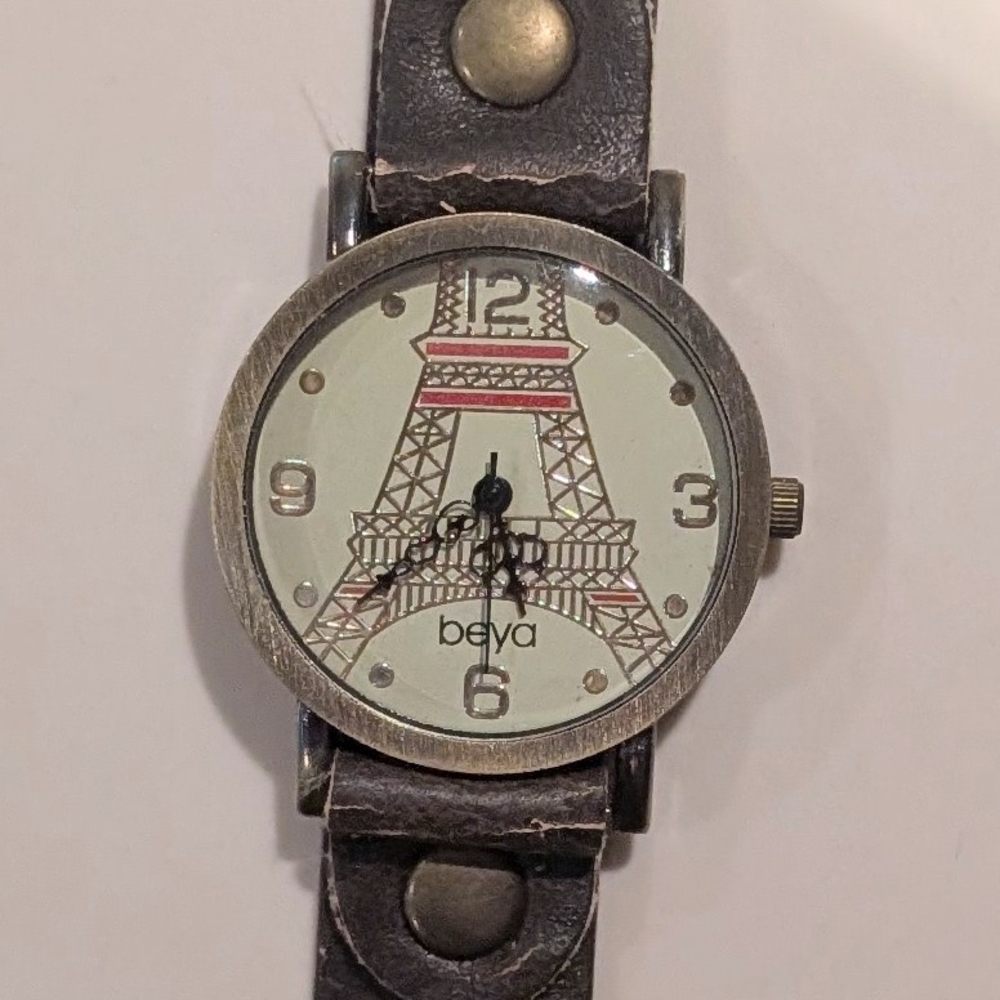 WORKING Beya Eiffel Tower Watch with Black Leather Strap